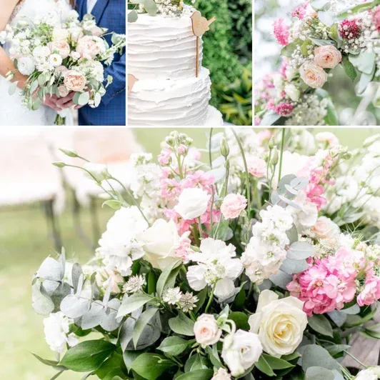 Blush and white wedding flowers and ceremony arrangement